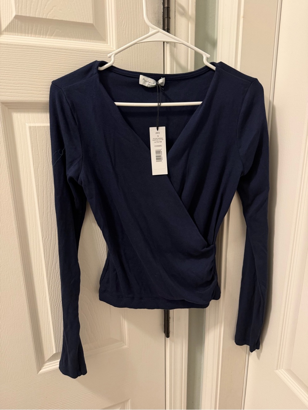 NWT- Micheal Stars STACIE SHIRRED SURPLICE L/S TOP
ULTRA RIB/  COSMIC